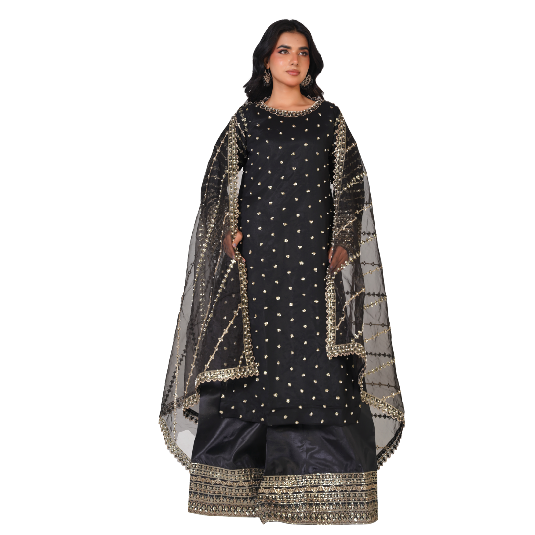 Elegant Chiffon 3-Piece Formal Suit with Organza Dupatta and Silk Palazzo