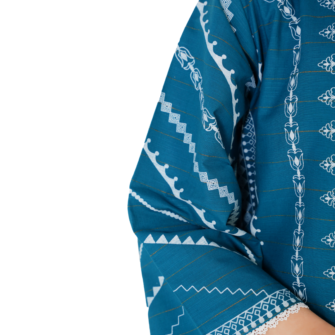 2-Piece Printed Khaddar Gown Outfit – Embroidered Inner & Matching Trouser - Winter