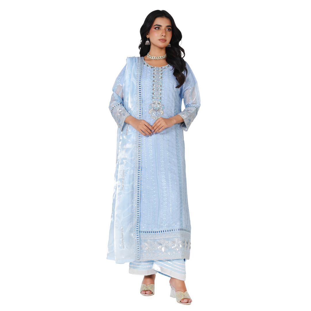 Premium Sheesha Silk Stitched 3-Piece Party Wear Suit – Hand-Embellished Mirror Work Collection