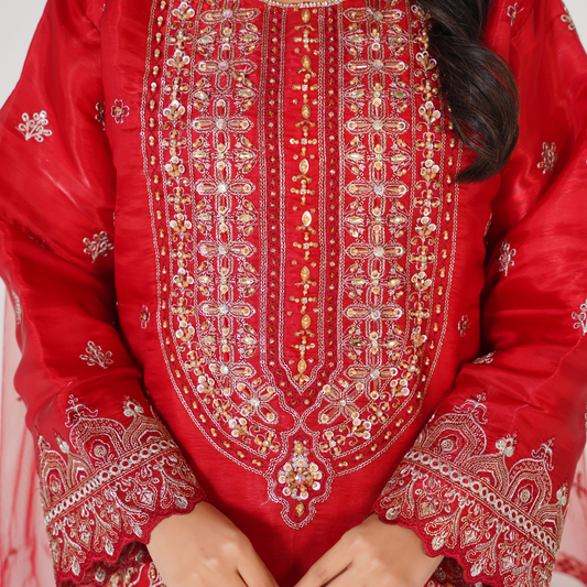 Sheesha Silk Embroidered 3-Piece Stitched Party Wear Suit with Hand Work