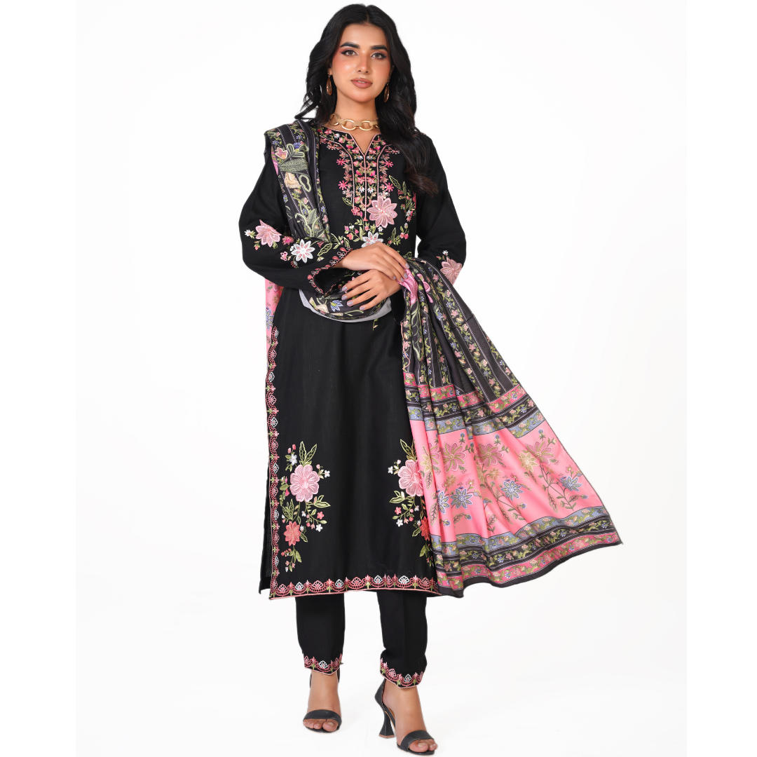 Premium 3-Piece Embroidered Printed Khaddar Suit with Digital Printed Shawl
