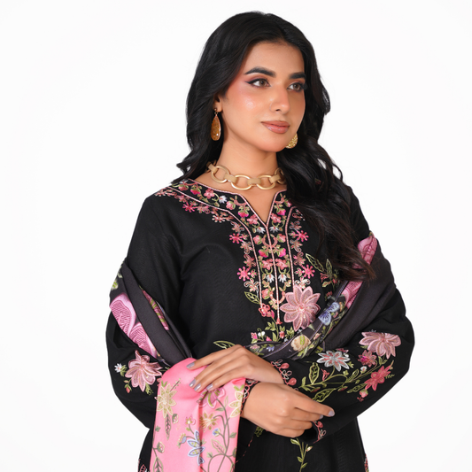 Premium 3-Piece Embroidered Printed Khaddar Suit with Digital Printed Shawl