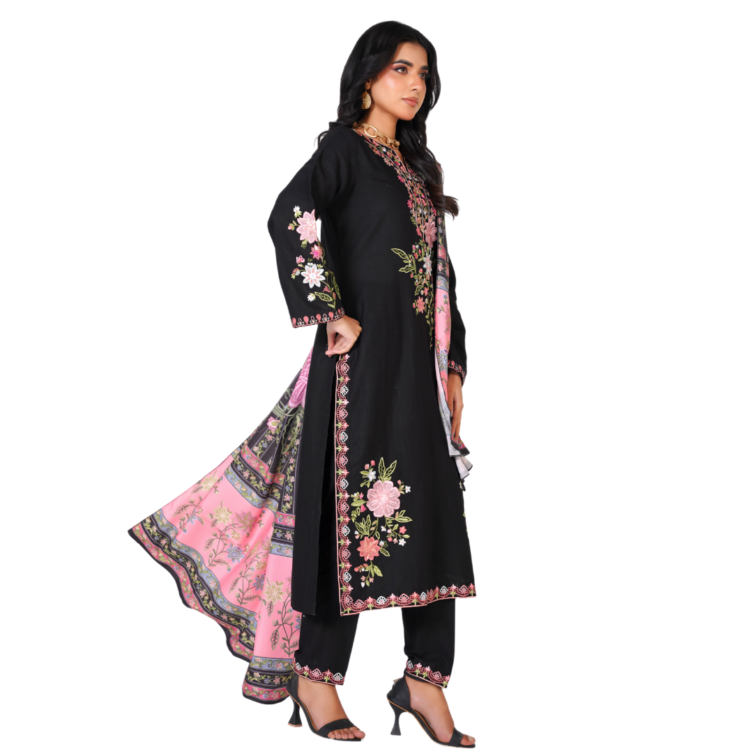 Premium 3-Piece Embroidered Printed Khaddar Suit with Digital Printed Shawl