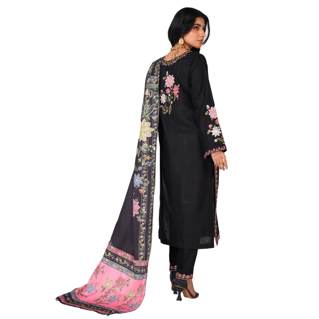 Premium 3-Piece Embroidered Printed Khaddar Suit with Digital Printed Shawl