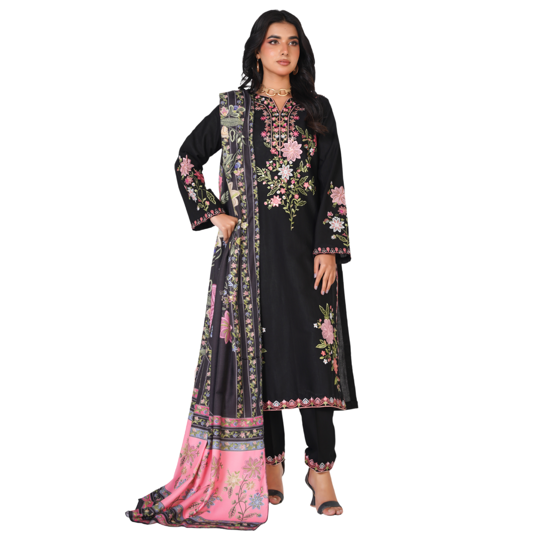 Premium 3-Piece Embroidered Printed Khaddar Suit with Digital Printed Shawl