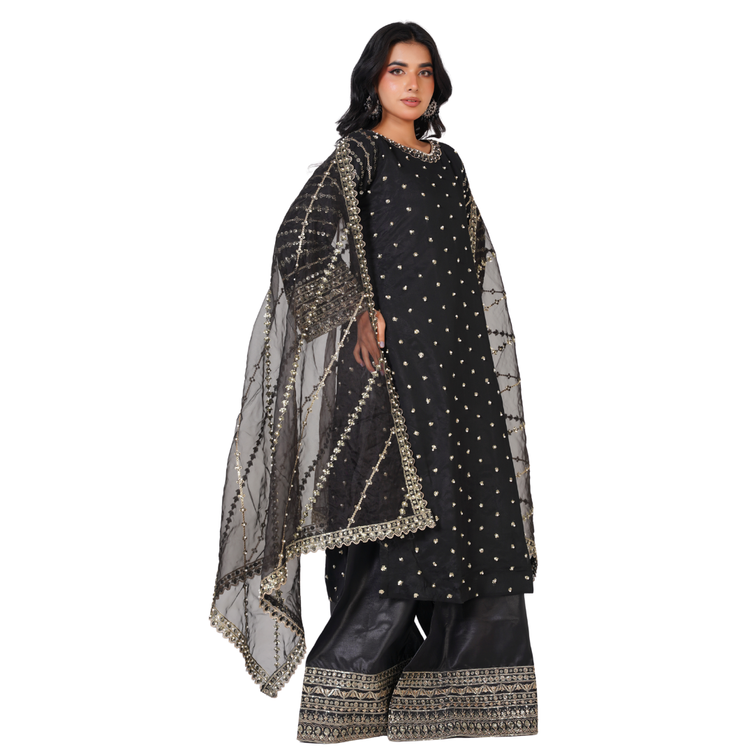 Elegant Chiffon 3-Piece Formal Suit with Organza Dupatta and Silk Palazzo