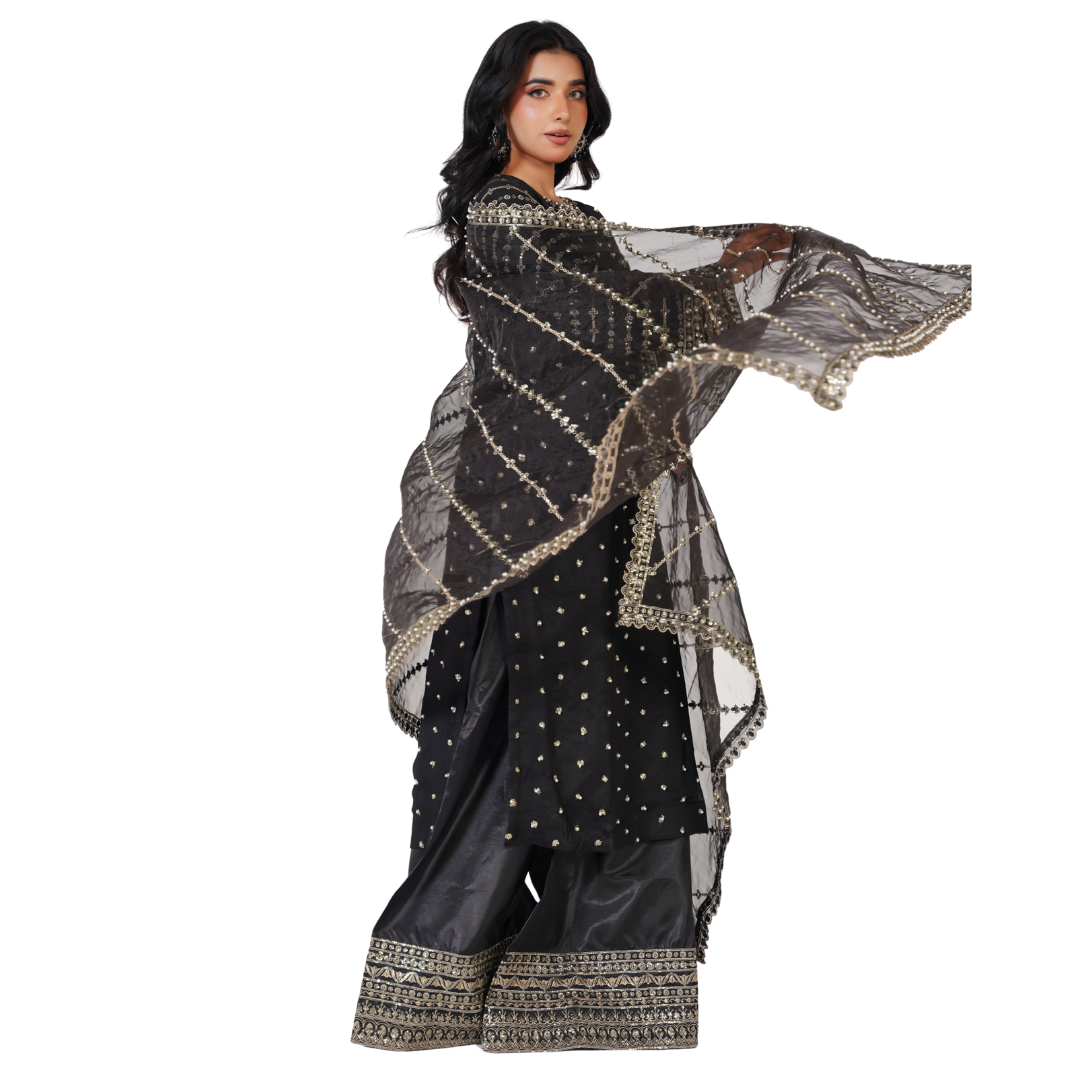 Elegant Chiffon 3-Piece Formal Suit with Organza Dupatta and Silk Palazzo