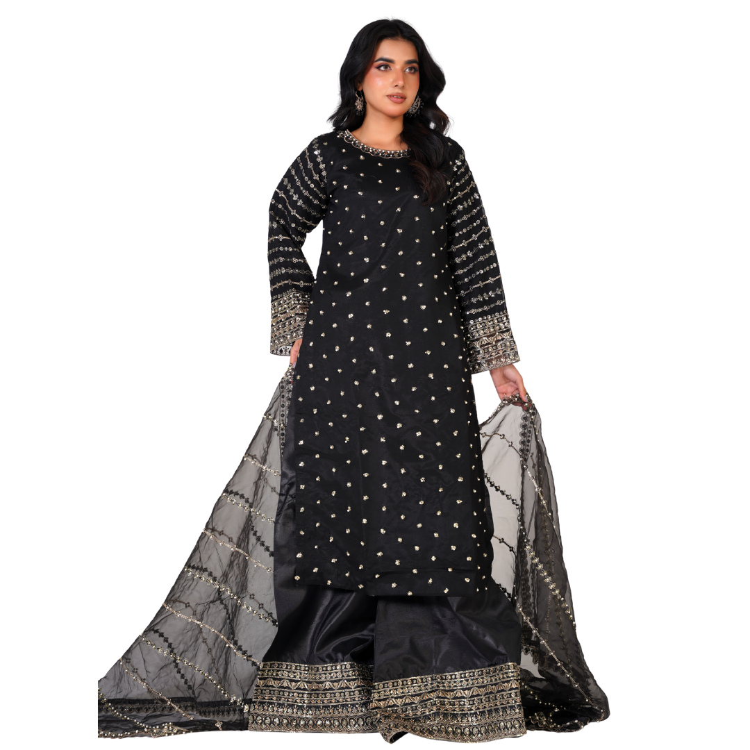 Elegant Chiffon 3-Piece Formal Suit with Organza Dupatta and Silk Palazzo