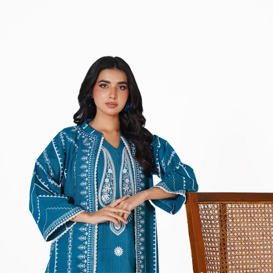 2-Piece Printed Khaddar Gown Outfit – Embroidered Inner & Matching Trouser - Winter