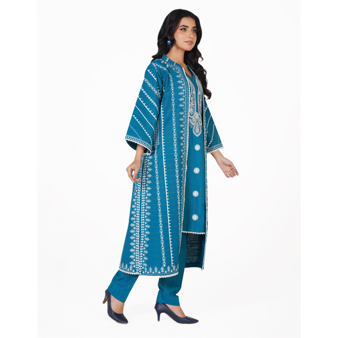 2-Piece Printed Khaddar Gown Outfit – Embroidered Inner & Matching Trouser - Winter