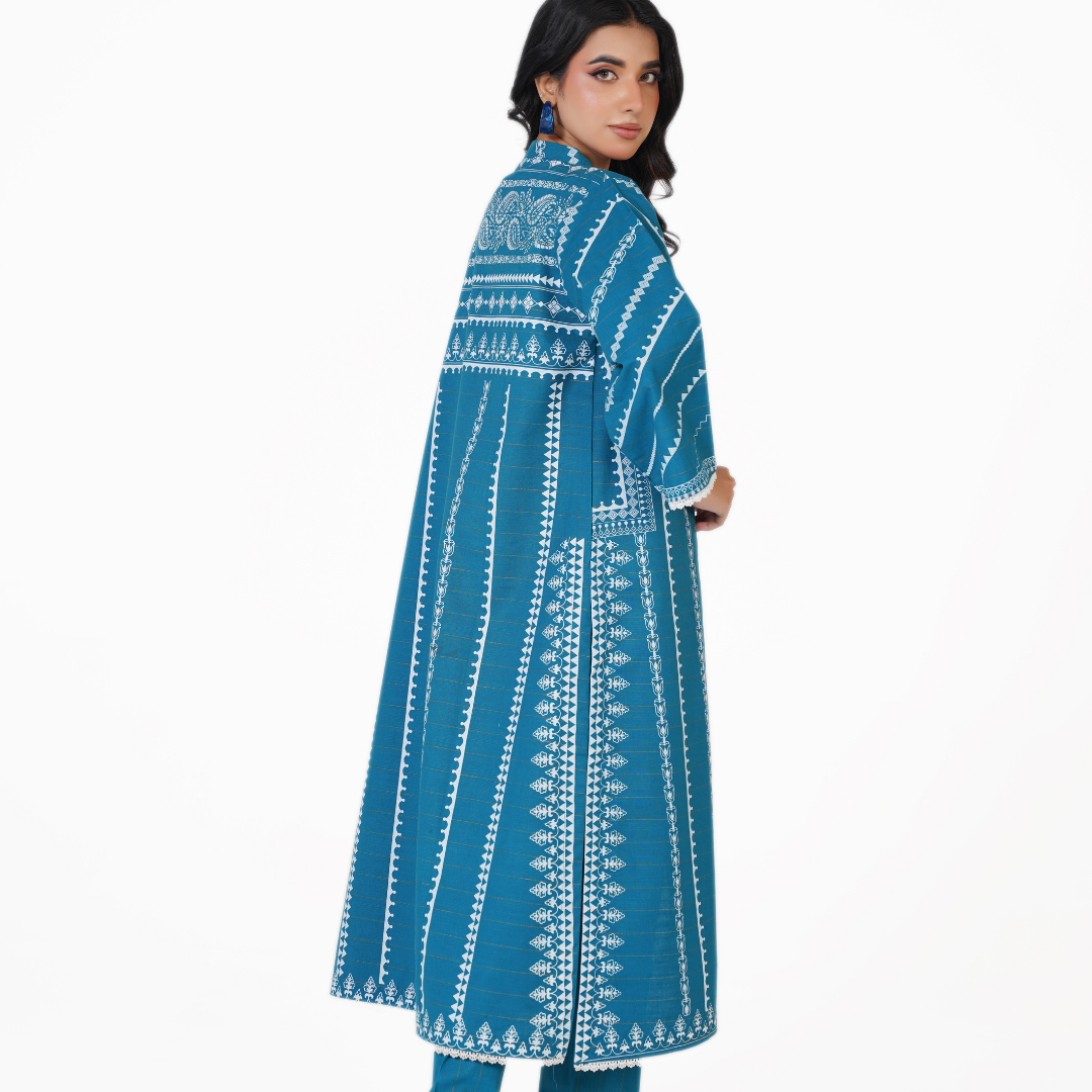 2-Piece Printed Khaddar Gown Outfit – Embroidered Inner & Matching Trouser - Winter