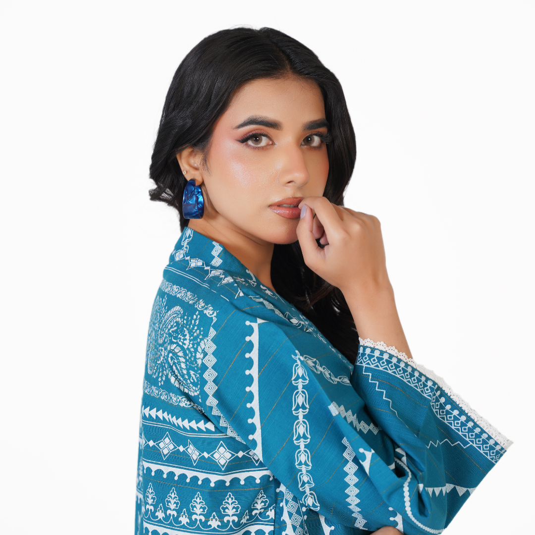 2-Piece Printed Khaddar Gown Outfit – Embroidered Inner & Matching Trouser - Winter