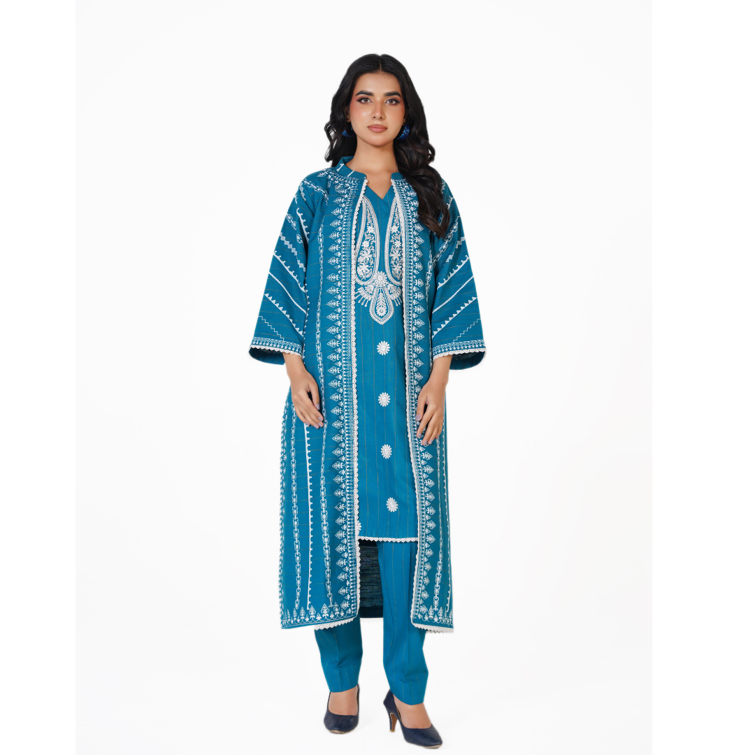 2-Piece Printed Khaddar Gown Outfit – Embroidered Inner & Matching Trouser - Winter