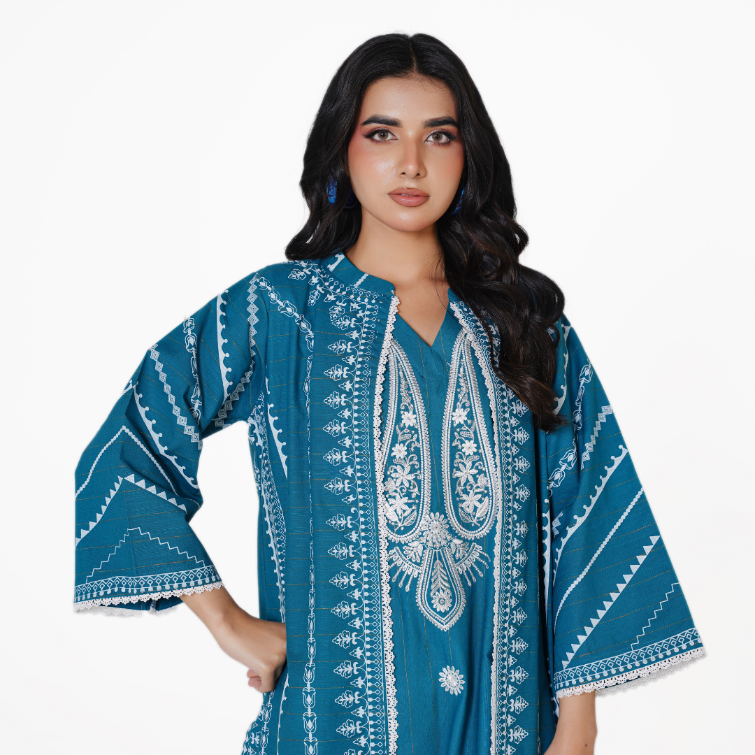 2-Piece Printed Khaddar Gown Outfit – Embroidered Inner & Matching Trouser - Winter