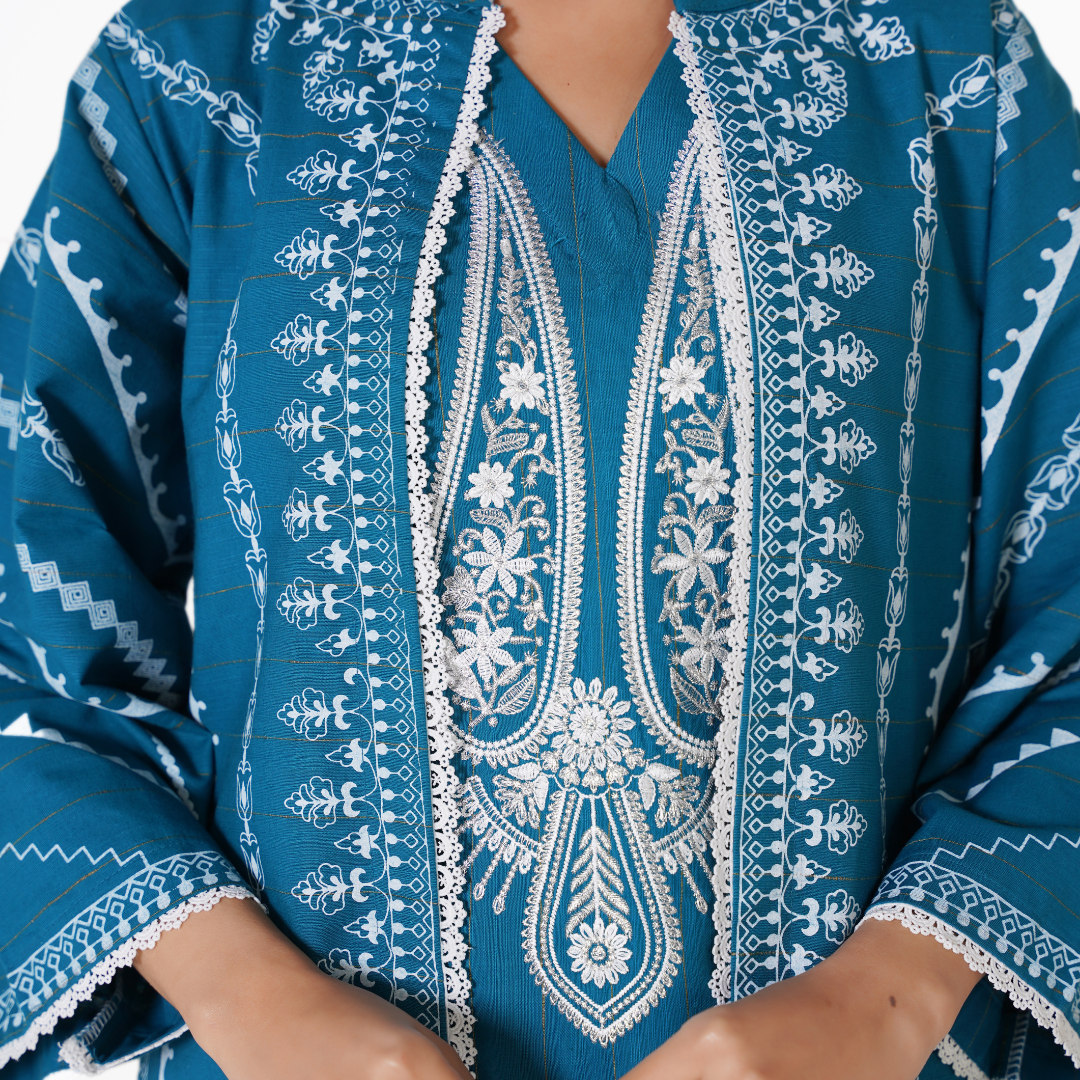 2-Piece Printed Khaddar Gown Outfit – Embroidered Inner & Matching Trouser - Winter