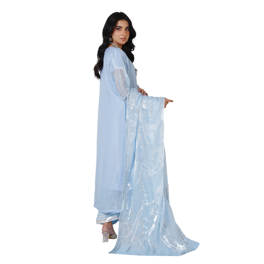 Premium Sheesha Silk Stitched 3-Piece Party Wear Suit – Hand-Embellished Mirror Work Collection