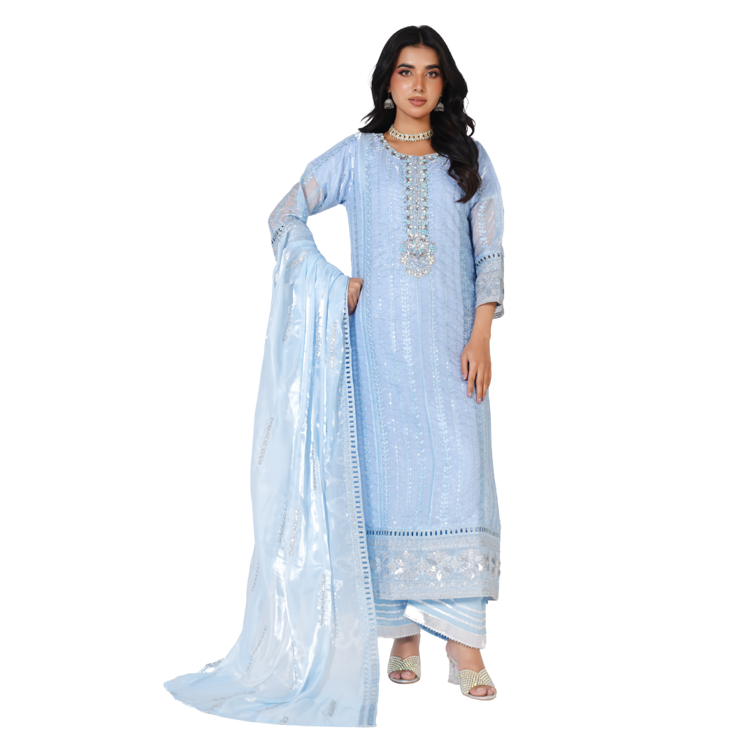 Premium Sheesha Silk Stitched 3-Piece Party Wear Suit – Hand-Embellished Mirror Work Collection