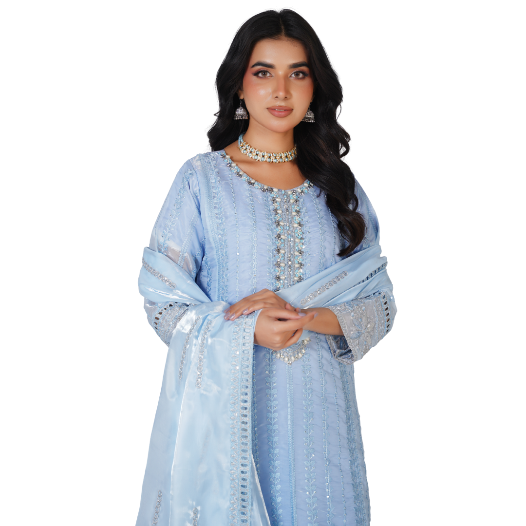 Premium Sheesha Silk Stitched 3-Piece Party Wear Suit – Hand-Embellished Mirror Work Collection