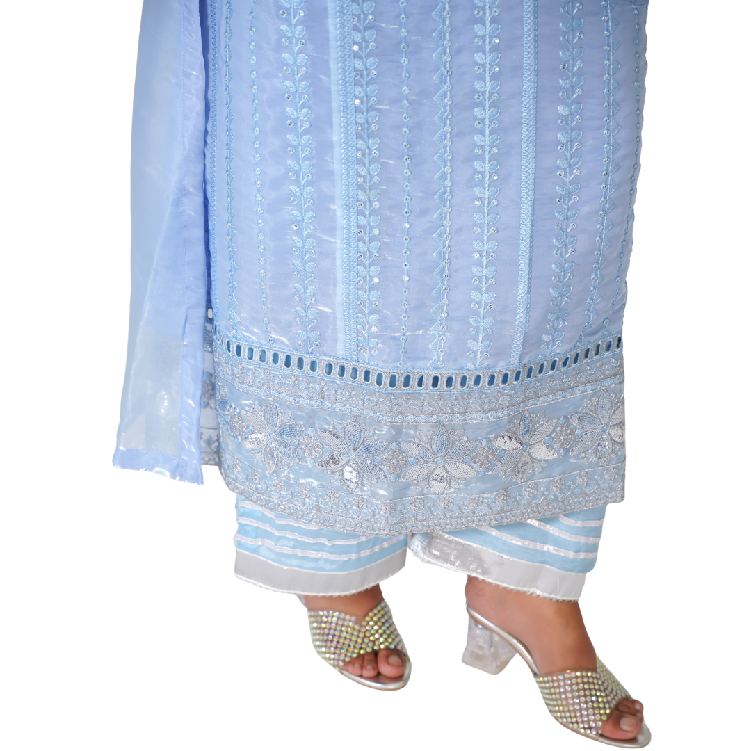 Premium Sheesha Silk Stitched 3-Piece Party Wear Suit – Hand-Embellished Mirror Work Collection