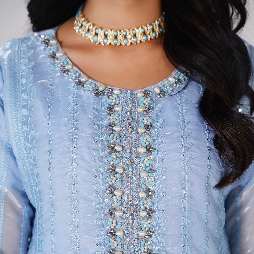 Premium Sheesha Silk Stitched 3-Piece Party Wear Suit – Hand-Embellished Mirror Work Collection