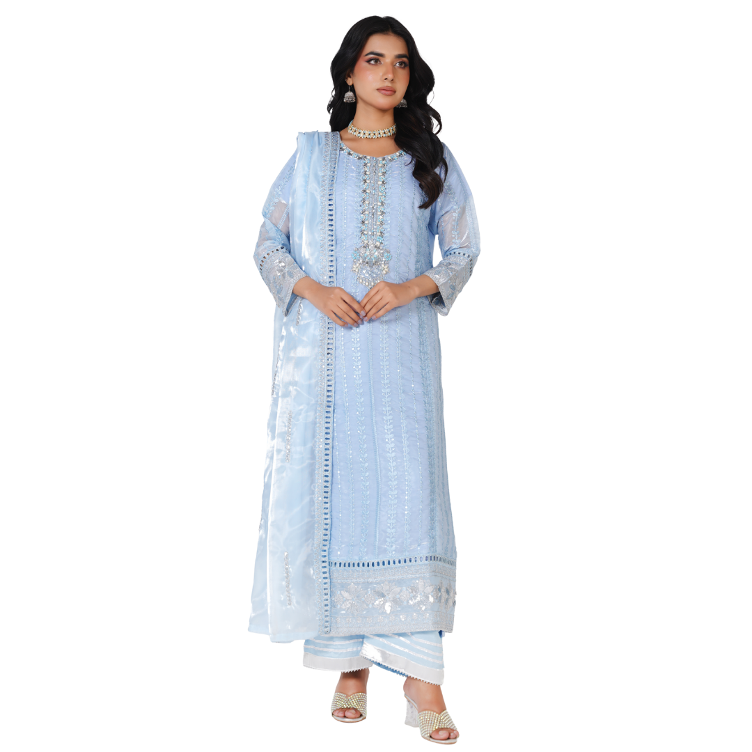 Premium Sheesha Silk Stitched 3-Piece Party Wear Suit – Hand-Embellished Mirror Work Collection