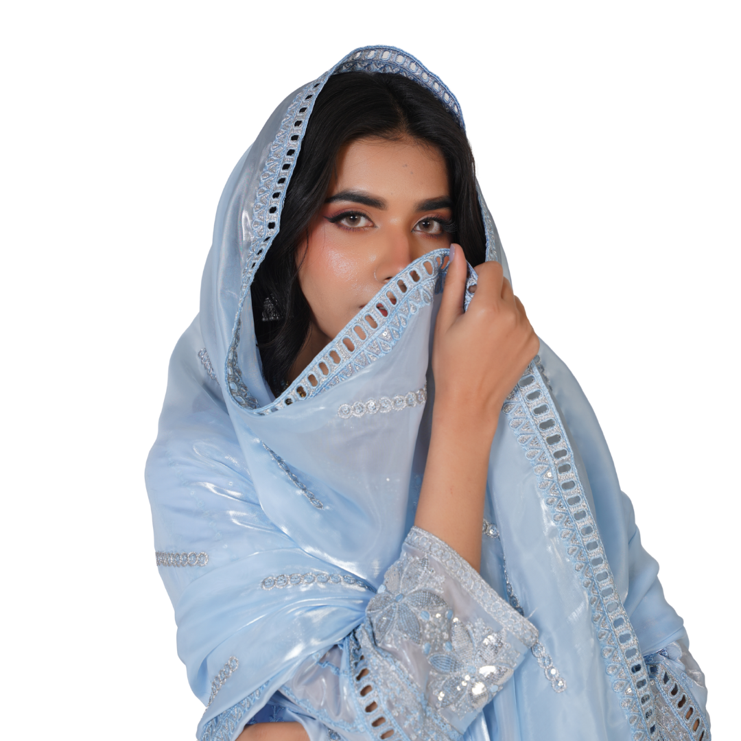 Premium Sheesha Silk Stitched 3-Piece Party Wear Suit – Hand-Embellished Mirror Work Collection