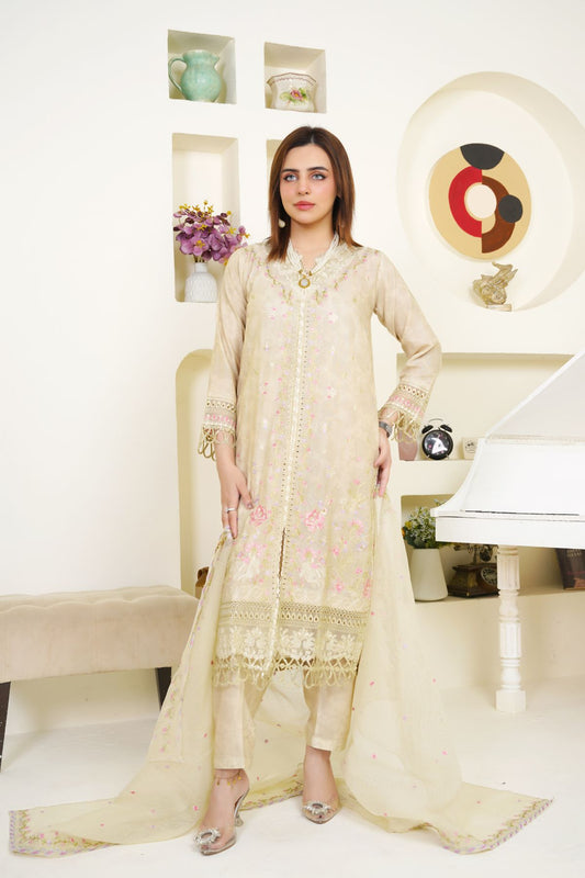 3 Piece - Embroidered Printed Karandi