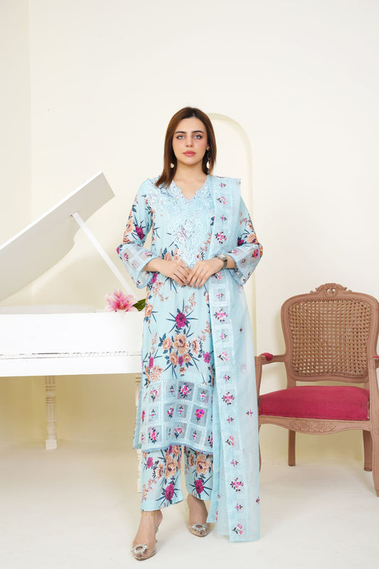 3 Piece - Embroidered Printed Karandi