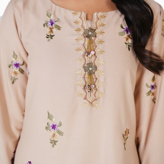 Embroidered Dhanak 3-Piece Suit with Printed Shawl