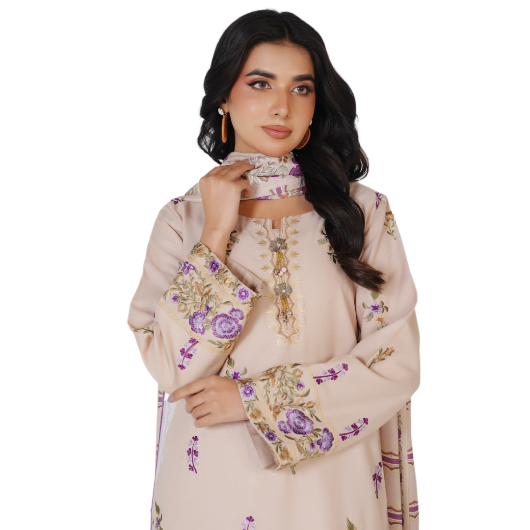 Embroidered Dhanak 3-Piece Suit with Printed Shawl