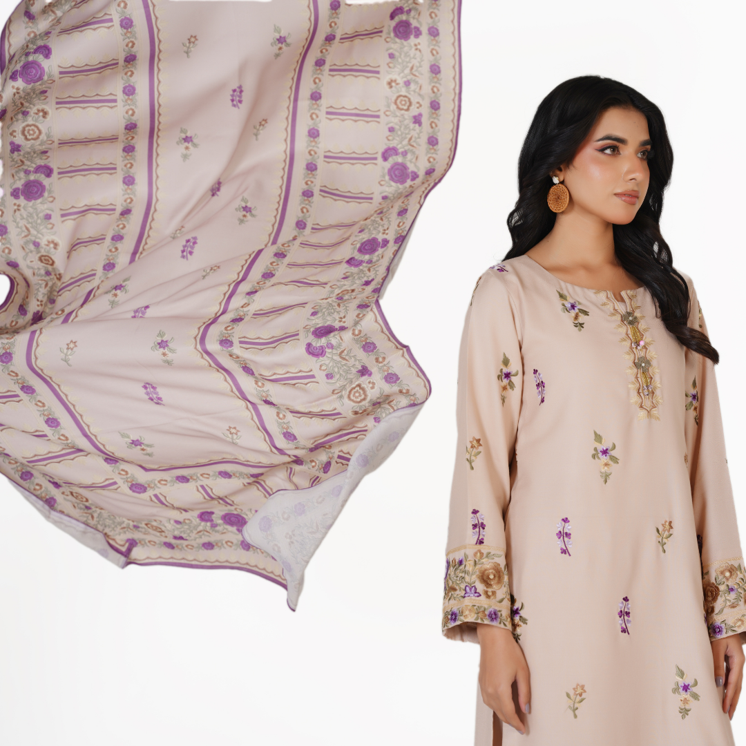 Embroidered Dhanak 3-Piece Suit with Printed Shawl