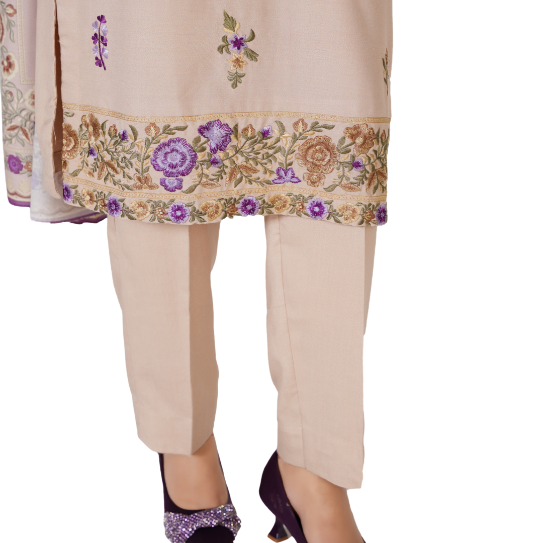 Embroidered Dhanak 3-Piece Suit with Printed Shawl