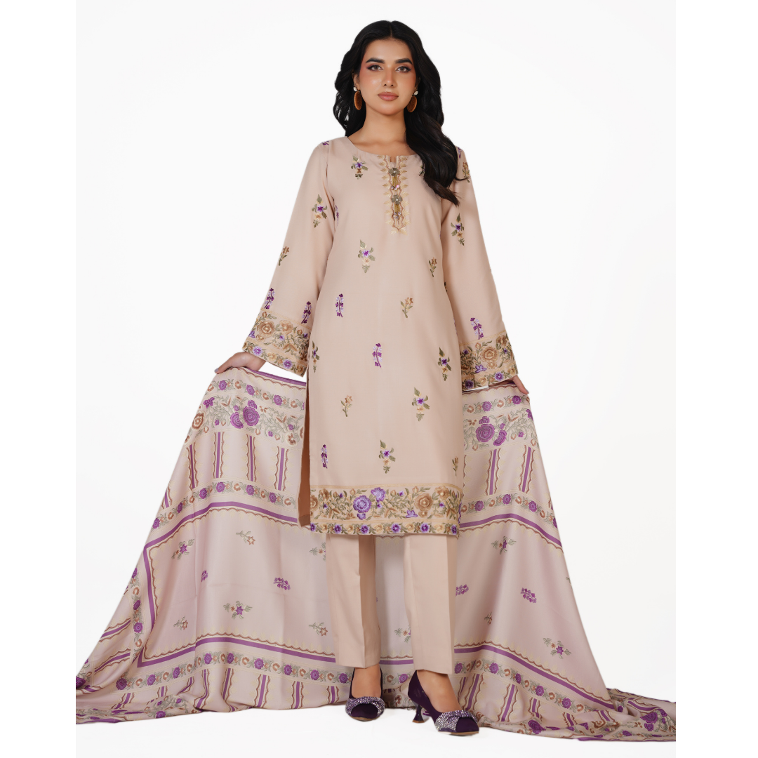 Embroidered Dhanak 3-Piece Suit with Printed Shawl