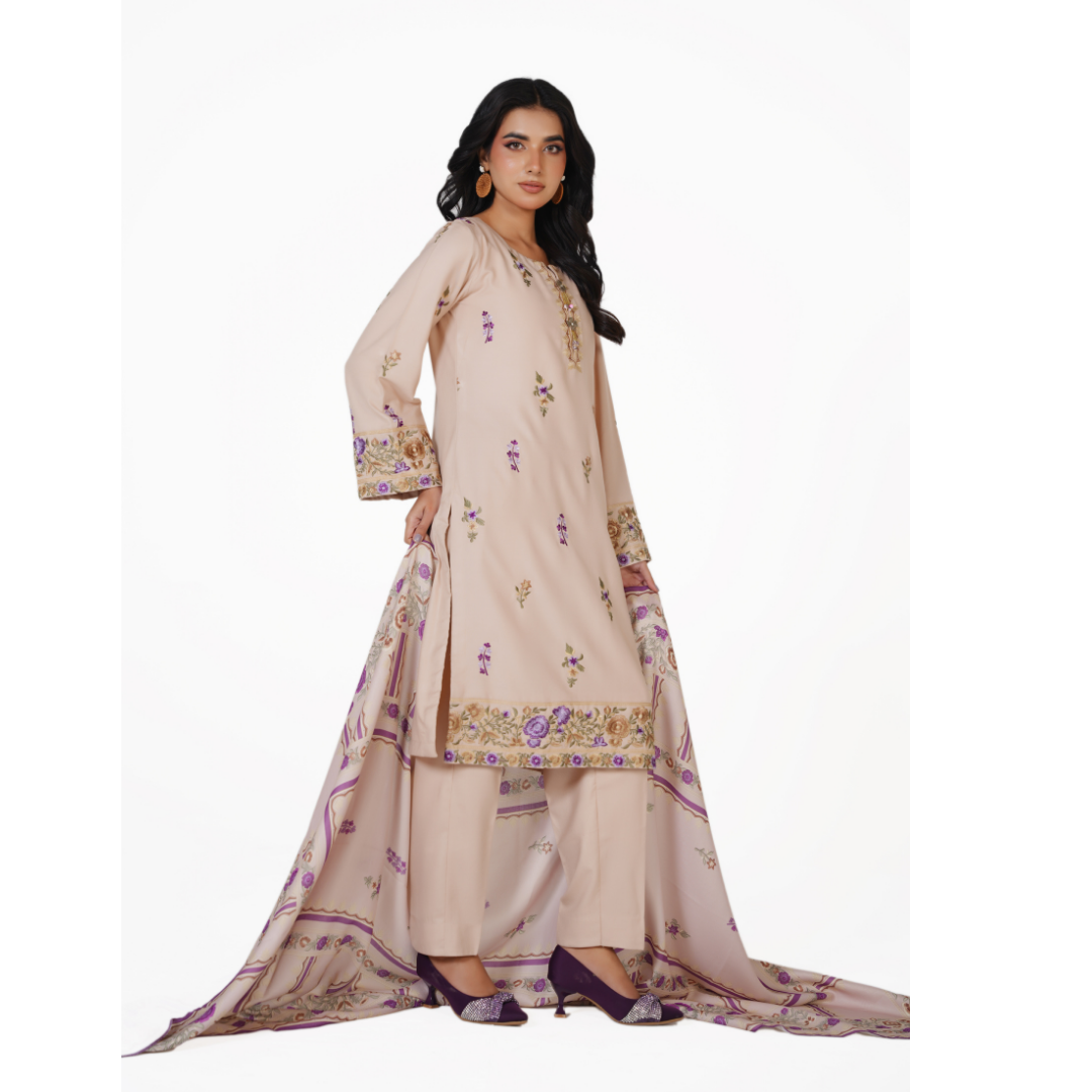 Embroidered Dhanak 3-Piece Suit with Printed Shawl