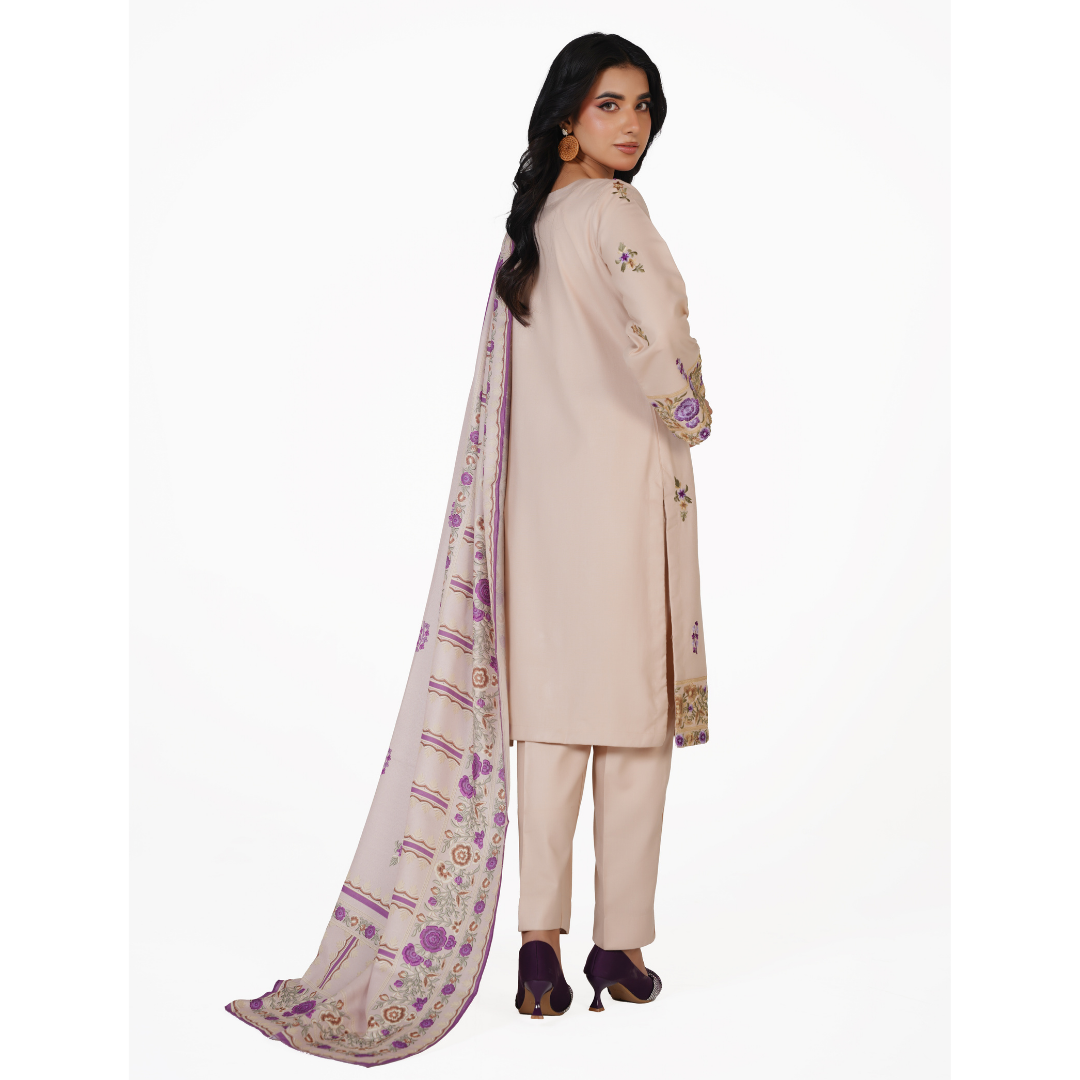 Embroidered Dhanak 3-Piece Suit with Printed Shawl