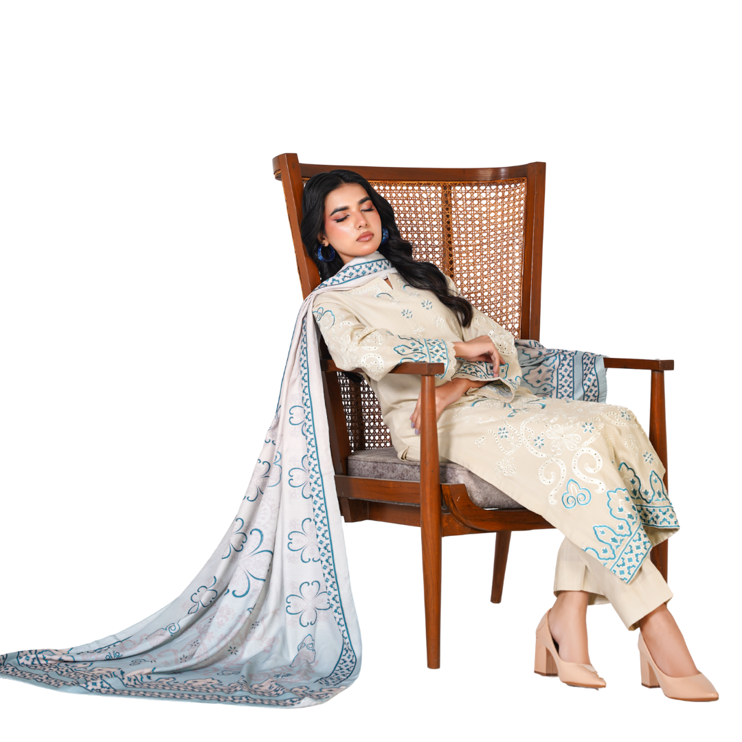 Embroidered Khaddar 3-Piece Suit with Printed Shawl & Plain Khaddar Trouser