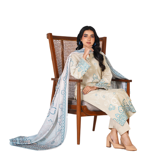 Embroidered Khaddar 3-Piece Suit with Printed Shawl & Plain Khaddar Trouser