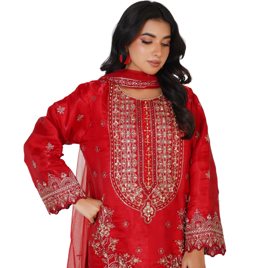 Sheesha Silk Embroidered 3-Piece Stitched Party Wear Suit with Hand Work