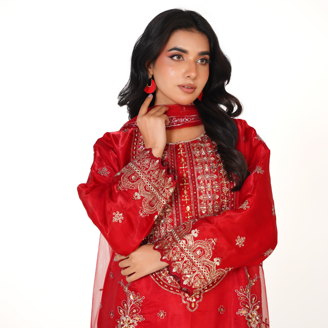 Sheesha Silk Embroidered 3-Piece Stitched Party Wear Suit with Hand Work