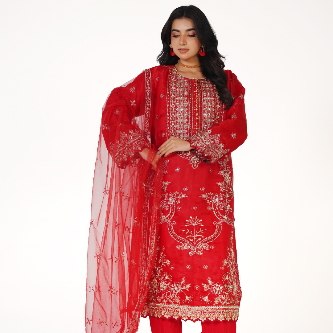 Sheesha Silk Embroidered 3-Piece Stitched Party Wear Suit with Hand Work