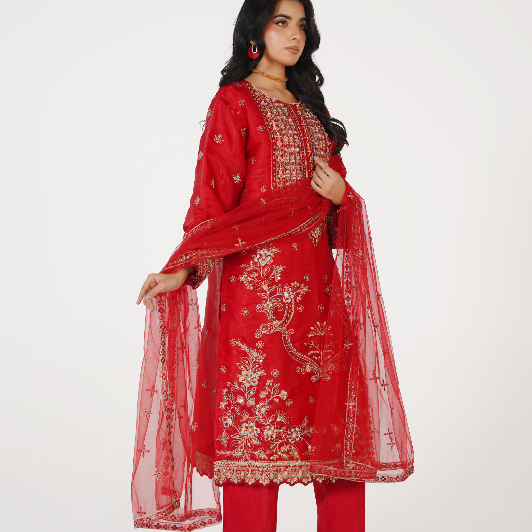 Sheesha Silk Embroidered 3-Piece Stitched Party Wear Suit with Hand Work